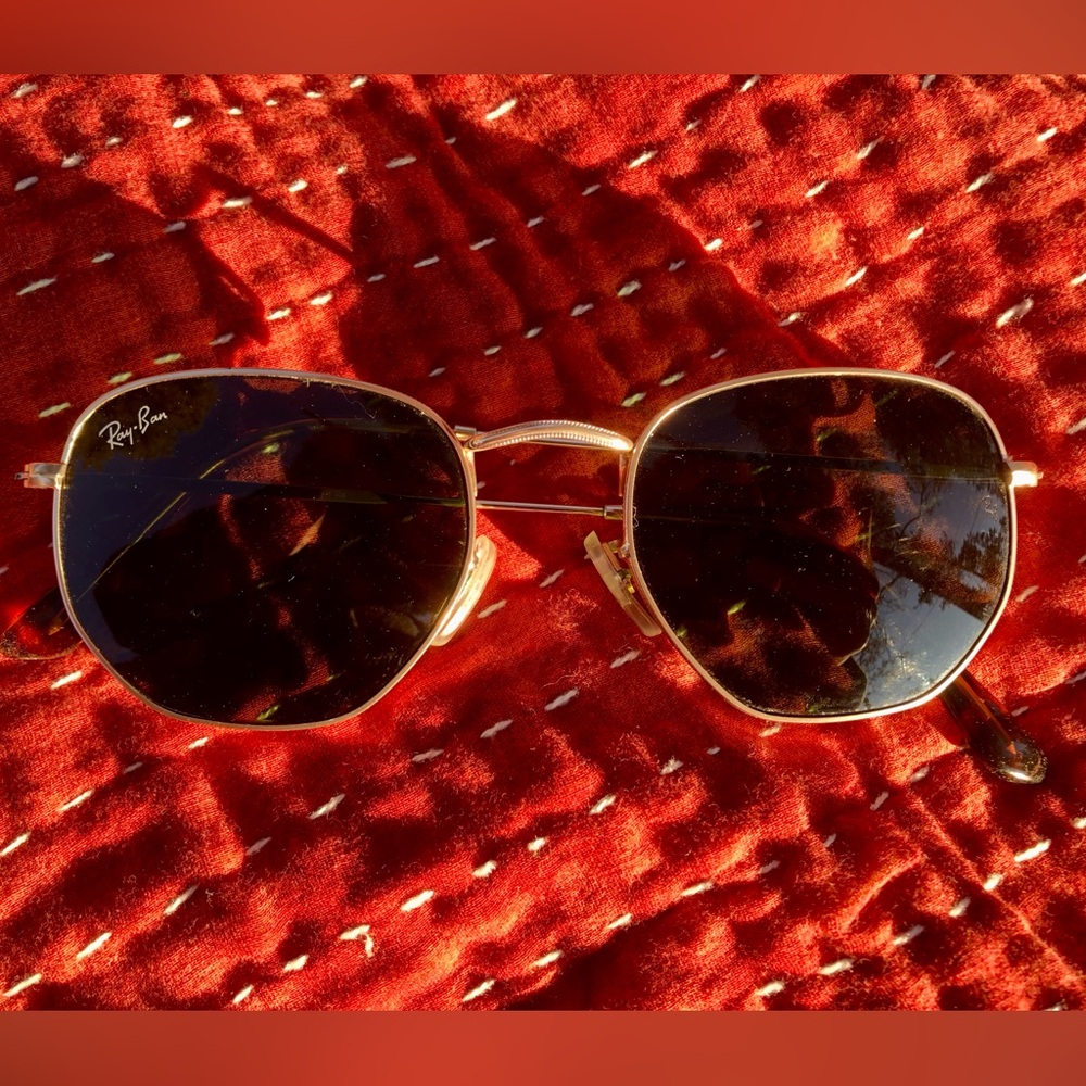 Ray-Ban Women’s Sunglasses, Hexagonal, Gold Frame, Dark Green Lenses